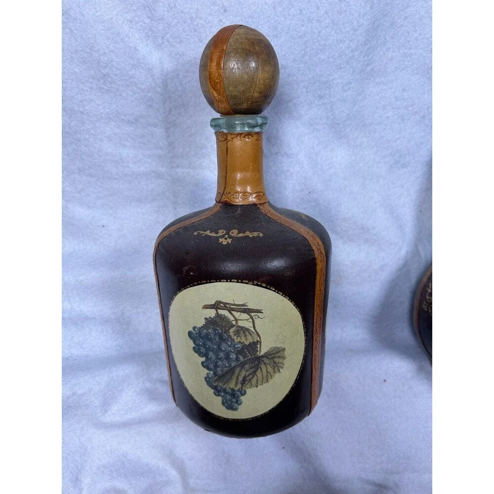 Two Vintage Italian brown Leather Covered Wine Bottle Bar Decanter Made In Italy